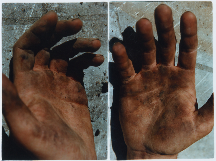 Rebekka Deubner, Hands of a market gardener and protester in Saint-Soline 2 during sowing, 2023, series The loving earth (referring to soil that sticks to boots), 2023–2026 Courtesy of the artist.
